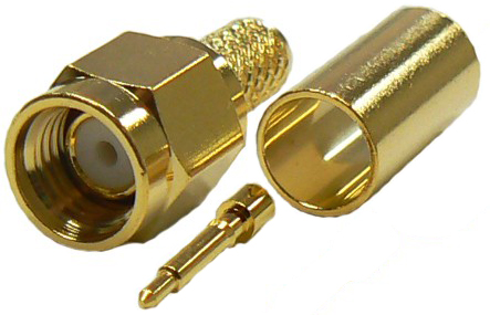 SMA male solder pin, crimp connector for RG58 coaxial cables or RG223 coaxial cable, DC-18 GHz, 50 Ohm – gold plated